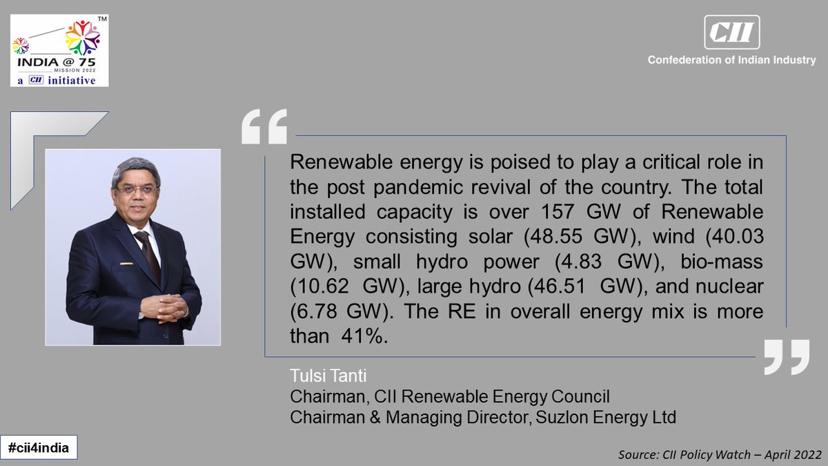 FollowCII's tweet photo. If we have to optimize the use of #renewableenergy 2power more & more of our needs, we need to create RE parks as opposed to only solar parks or wind parks, suggests Tulsi Tanti, Chair, CII RE Council and Chair & MD, @Suzlon. Read more in #CIIPolicyWatch! https://t.co/47QjLDFViM https://t.co/cRhGW4xGF5