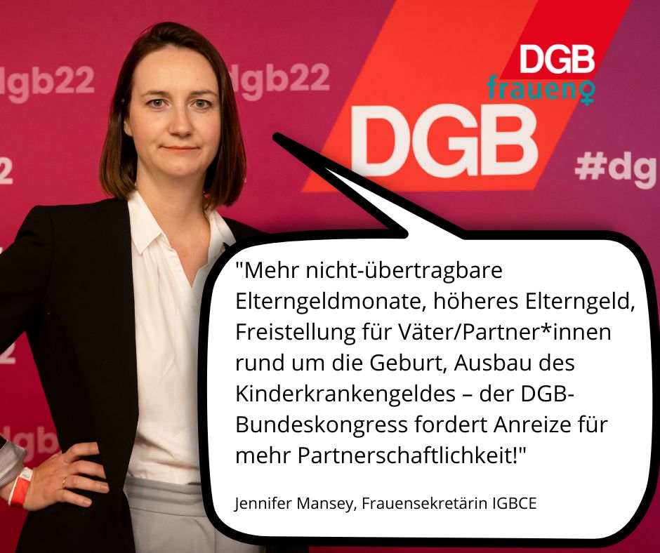 DGB_Frauen's tweet photo. „DGB-Bundeskongress setzt Zeichen für mehr #Partnerschaftlichkeit in der Sorge- und Hausarbeit: Jetzt umverteilen!“ Jennifer Mansey, Frauensekretärin der @igbce zum Beschluss B003 #dgb22. 🤝👫⚖️ Nachzulesen unter: https://t.co/Y8DcE49SwC #TagderFamilie Foto: DGB/Jörg Farys https://t.co/ytKy699fQu