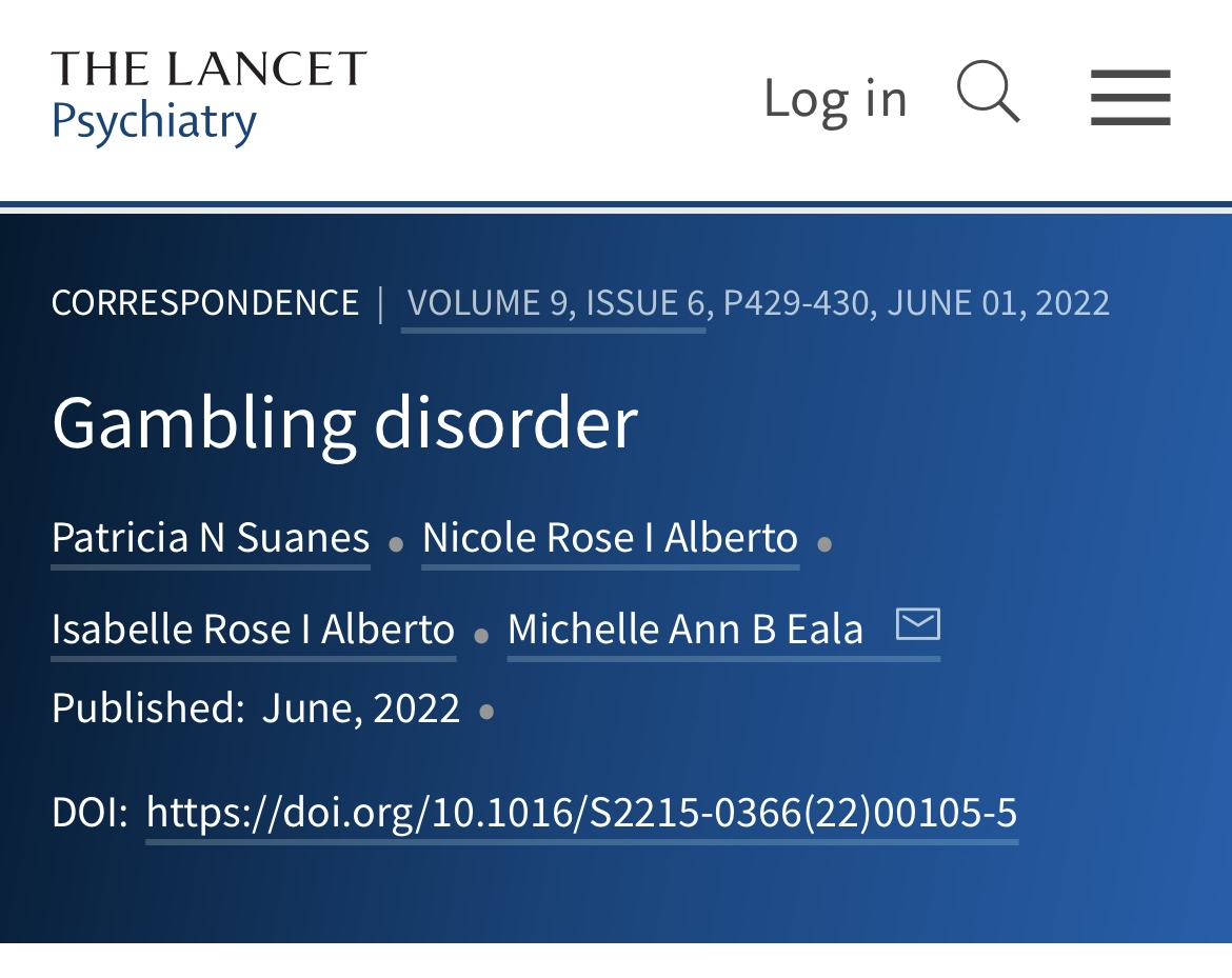 Treeecia's tweet photo. Excited to share our thoughts on how the #Philippines 🇵🇭 can play the cards right in addressing #gambling disorder. 🃏

@nrialberto @IRIAlberto @MichelleEalaMD 

Read our correspondence in @TheLancetPsych here: https://t.co/SmeYRGqXI7 https://t.co/8CVvGooH7t