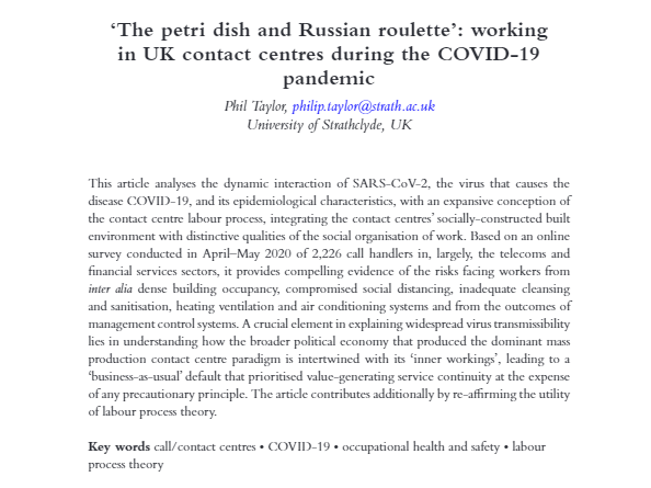 wgejournal's tweet image. ‘The petri dish and Russian roulette’: working in UK contact centres during the #COVID19 pandemic by @PhilTaylorGlsgw.

🌟READ here.🌟
doi.org/10.1332/273241…

@UniStrathclyde @HR_TIHR
#HealthAndSafety #LabourProcessTheory