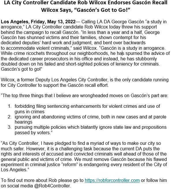 LACountyADDA's tweet image. Los Angeles City Controller Candidate @Rob4Controller Backs Recall of LA County District Attorney @GeorgeGascon