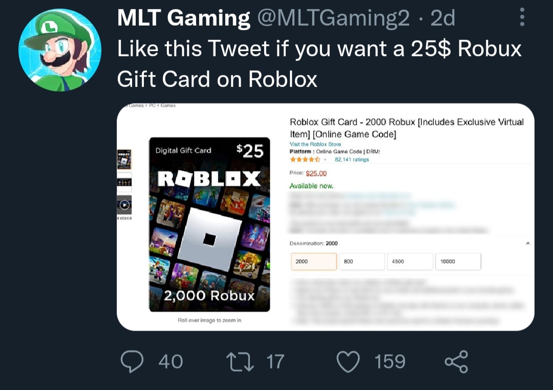 Roblox Gift Card - 2,000 Robux [Online Game Code]