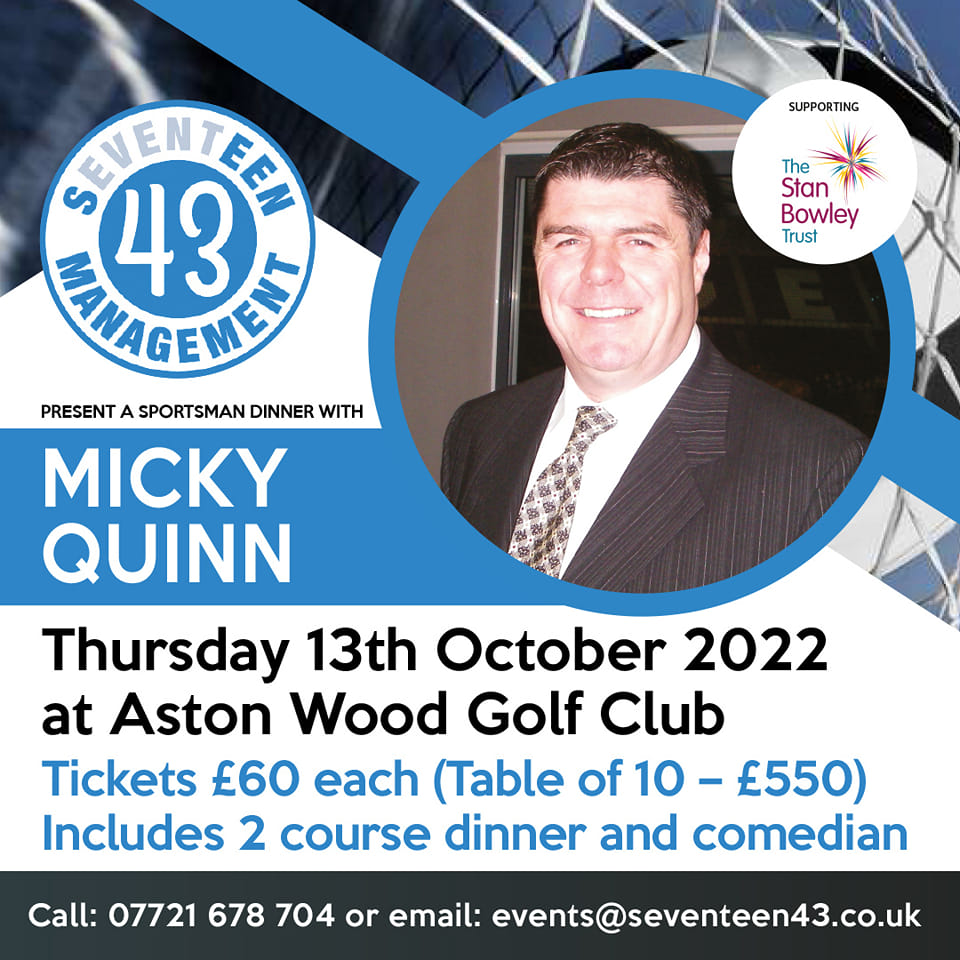 With a colourful sporting career in football and as a professional racehorse trainer, he certainly has some stories to tell!

Enjoy a stunning 2 course meal before Micky takes the mic, followed by a comedian to finish the evening.

Get in touch to book!