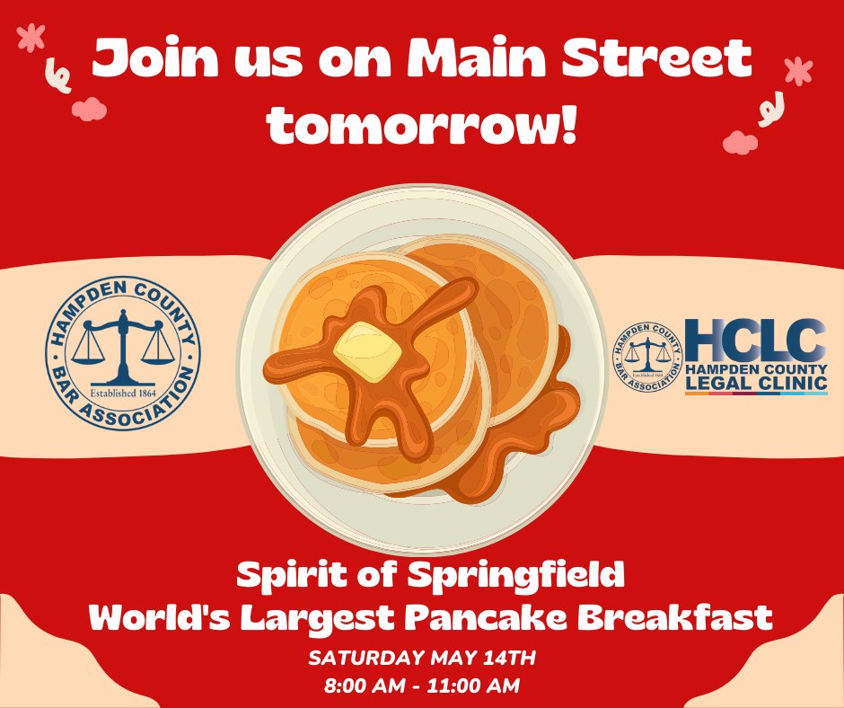 Stop by the Hampden County Bar Association and <a href="/hcbalegalclinic/">Hampden County Legal Clinic</a> table tomorrow at the Spirit of Springfield World's Largest Pancake Breakfast. We'd love to see you! 
spiritofspringfield.org/events/worlds-…
