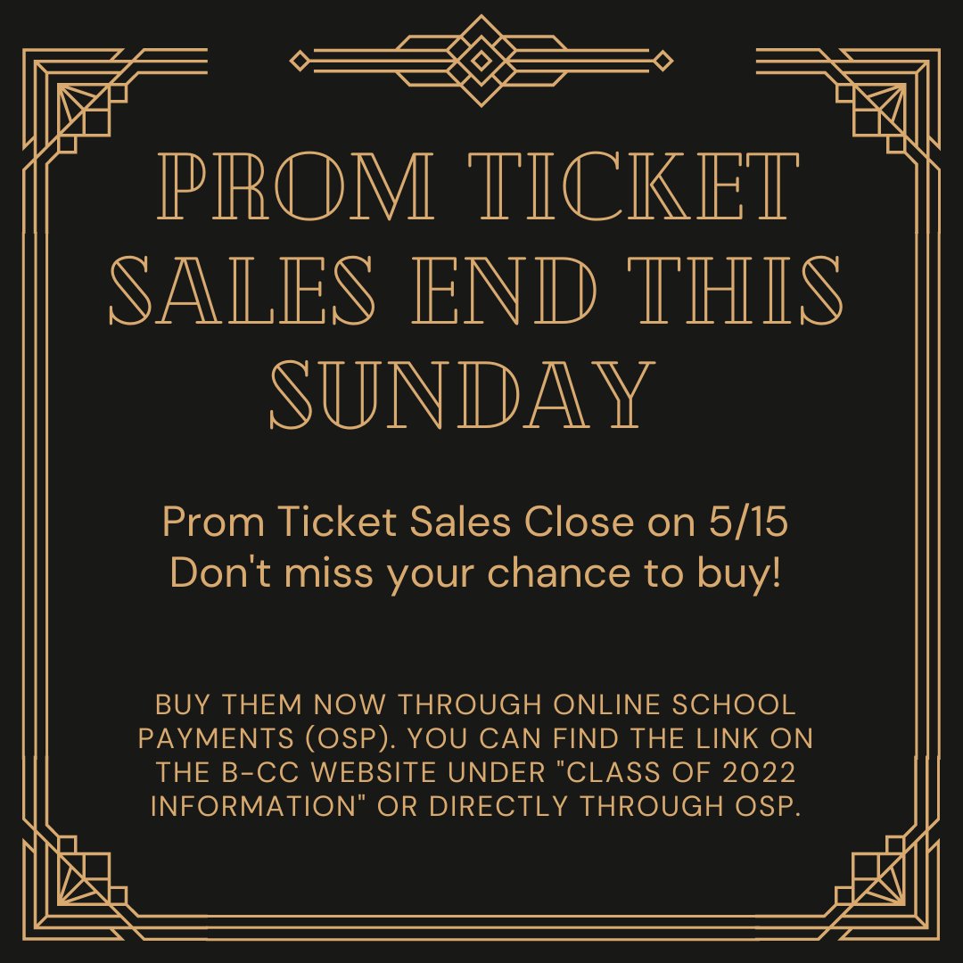 Class of 2022, only a few days left to purchase your Prom Tickets. Tickets are $50. Be sure to complete the google form linked in the terms during your purchase. Follow this link to buy your tickets now (osp.osmsinc.com/MontgomeryMD/B…)