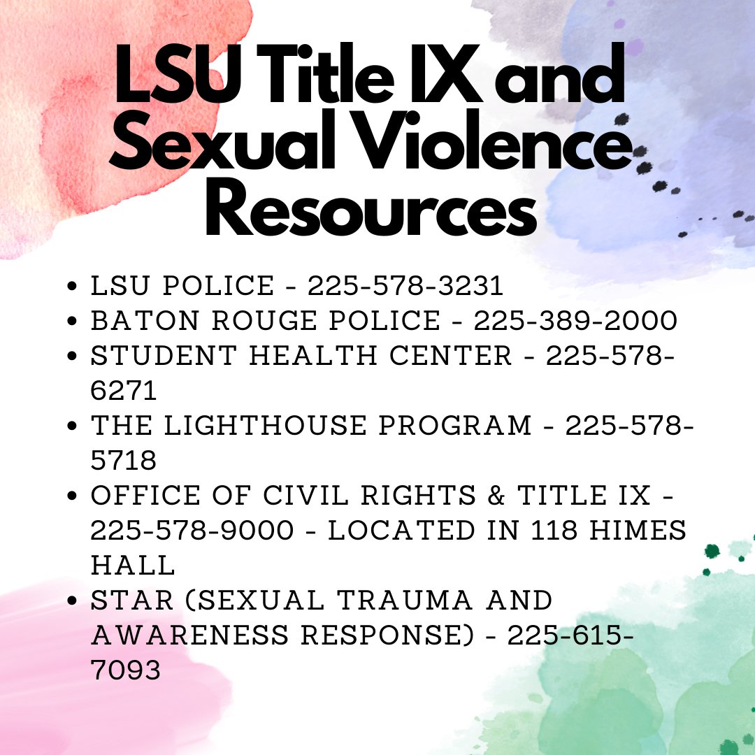 TASA_LSU's tweet photo. to sexual violence and gender discrimination on campus. Resources and more information can be found at any of the organizations mentioned in the graphics!
 (2/2) https://t.co/7bmdicBykH