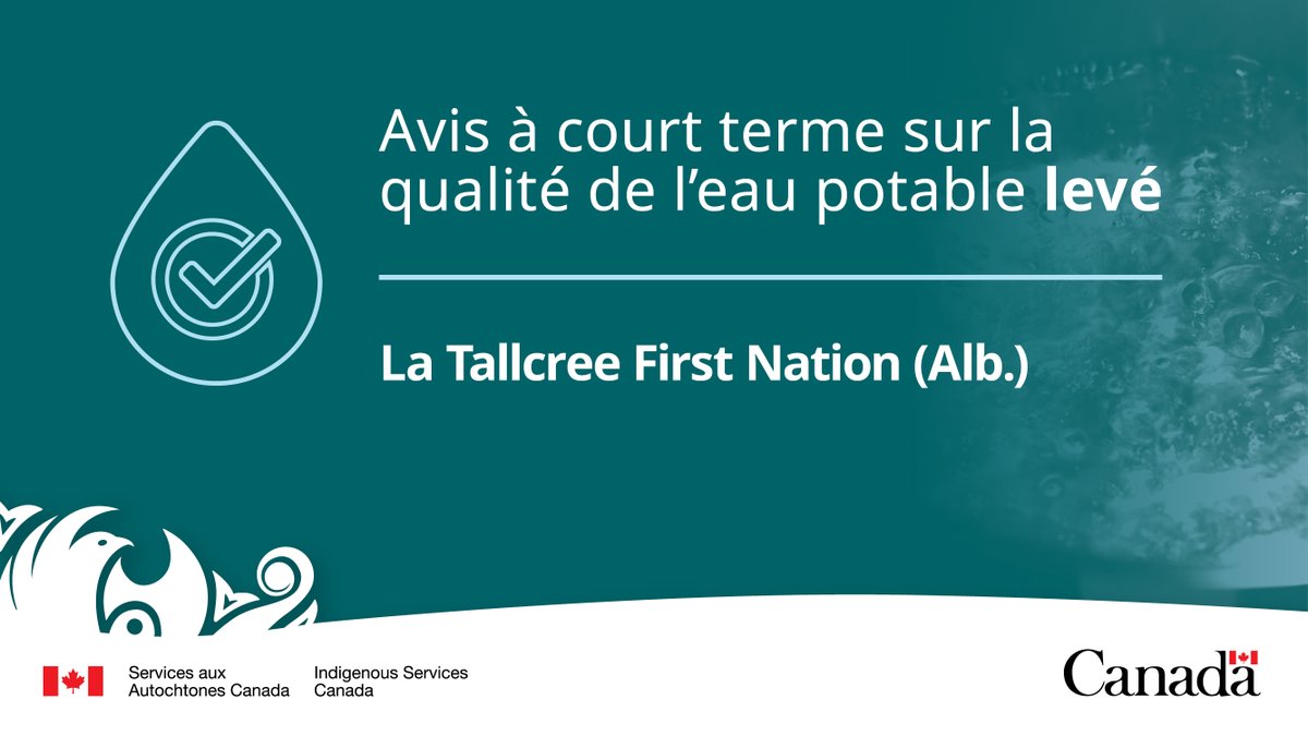 GCAutochtones's tweet photo. L'avis à court terme sur la qualité de l'eau potable visant le système public d’approvisionnement en eau de South Tallcree  de la Tallcree First Nation (Alb.) depuis janvier 2022 a été levé après des réparations au réseau de distribution. https://t.co/6BQM9UH5eo #InfraPN https://t.co/it6amRCCFq