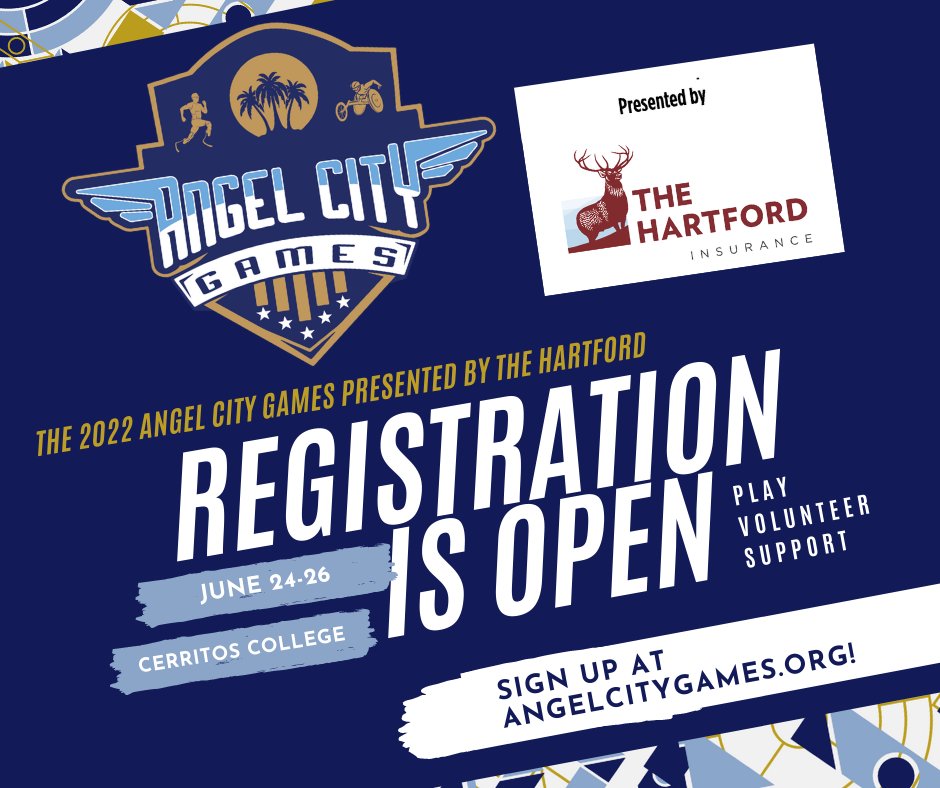 IT'S HERE. REGISTRATION IS OPEN for the 2022 Angel City Games presented by <a href="/TheHartford/">The Hartford</a>!

3 days, jam-packed with sports at Cerritos College in Norwalk, CA on June 24-26th.

Register as an athlete, volunteer, or spectator/family!

Go to AngelCityGames.org to register! #ACG22