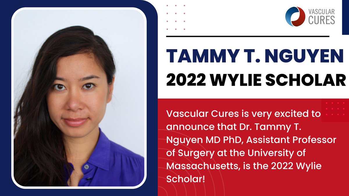 VascularCures's tweet image. Vascular Cures is very excited to announce Dr. Tammy T. Nguyen MD PhD, Assistant Professor of Surgery at the University of Massachusetts, as the 2022 Wylie Scholar! Learn more about the award and her groundbreaking research here: bit.ly/Wylie22

#WylieScholarAward