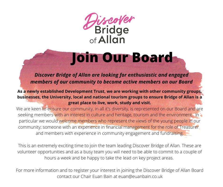 We're looking for engaged &amp; enthusiastic community members to join our Board of volunteers - especially:

Someone to represent our young people;
A treasurer;
Someone with experience community engagement/fundraising.

For more info &amp; to register interest, email euan@euanbain.co.uk