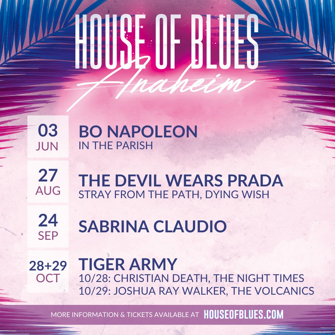 House of Blues Anaheim (@HOBAnaheim) on Twitter photo 2022-05-13 17:00:12 Tickets are on sale NOW for these new shows! Which will we be seeing you at? ⛪ = The Parish 🔗 bit.ly/3L8vNcH - @BoNapoleon – June 3 ⛪ - @TDWPband – August 27 - @sabrinaclaudio – September 24 - @tigerarmy – October 28 & 29 Tickets are on sale NOW for these new shows! Which will we be seeing you at? ⛪ = The Parish 🔗 bit.ly/3L8vNcH - @BoNapoleon – June 3 ⛪ - @TDWPband – August 27 - @sabrinaclaudio – September 24 - @tigerarmy – October 28 & 29