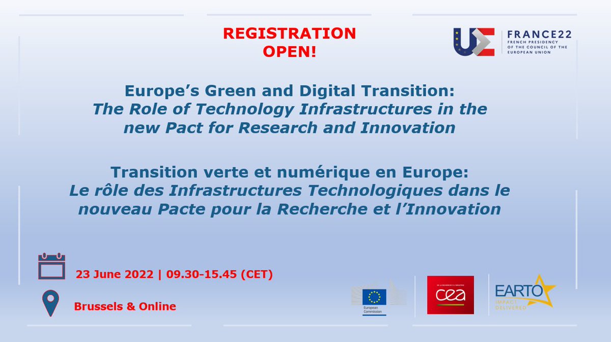 EARTOBrussels's tweet photo. 📢@EU_Commission @Europe2022FR @CEA_Officiel & EARTO invite you to their Joint Event on the Role of #TechnologyInfrastructures in the🆕Pact for #R&I on 23 June‼️
✍️Registration NOW open: https://t.co/EqMz05zQsD
📜Draft Programme available: https://t.co/gAmQBMI6DL https://t.co/ozYc8eQQTH