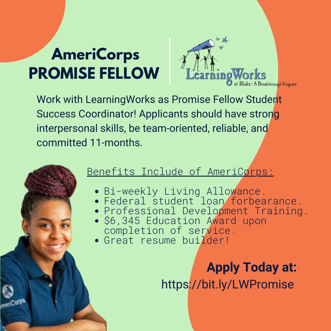 bt_mpls's tweet photo. Education, having fun, &amp; supporting Minneapolis Public School students...?
LearningWorks is hiring a Promise Fellow to help support our students! 
This position, is a great opportunity to gain jobs skills that will prepare you for your career path!
Apply with the link in our bio! https://t.co/uIEeXRUrJ8