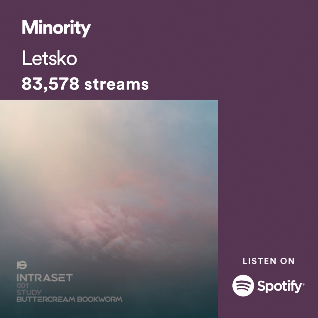 INTRASET_'s tweet photo. An overwhelming response to Letsko's sophomore compilation, 'STUDY: Buttercream Bookworm'. 'Minority' surpassed 83.5k streams and 220 playlist adds on @Spotify.
https://t.co/gnURUD9YIG
#Minority #Letsko #ChillBeats #Lofi #lofiInstrumentals #Hypnotic https://t.co/qofzE4O0F7