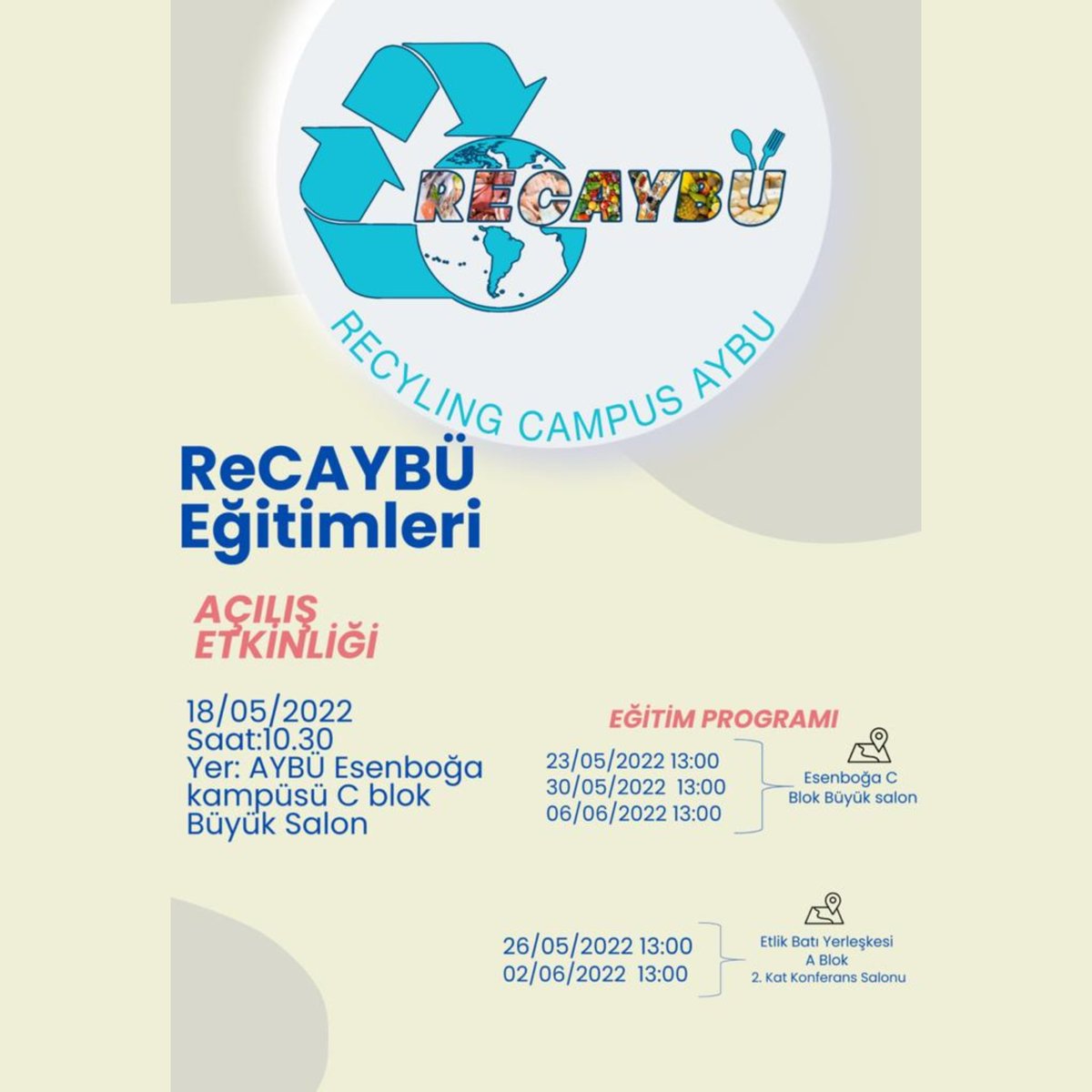 Etlik Batı Yerleşkesi A Blok 2. Kat Konferans Salonu
26/05/2022  13.00
02/06/2022  13.00
<a href="/aybu_shmyo/">AYBÜ Sağlık Hizmetleri Meslek Yüksekokulu</a> <a href="/ybuankara/">Ankara Yıldırım Beyazıt Üniversitesi</a>