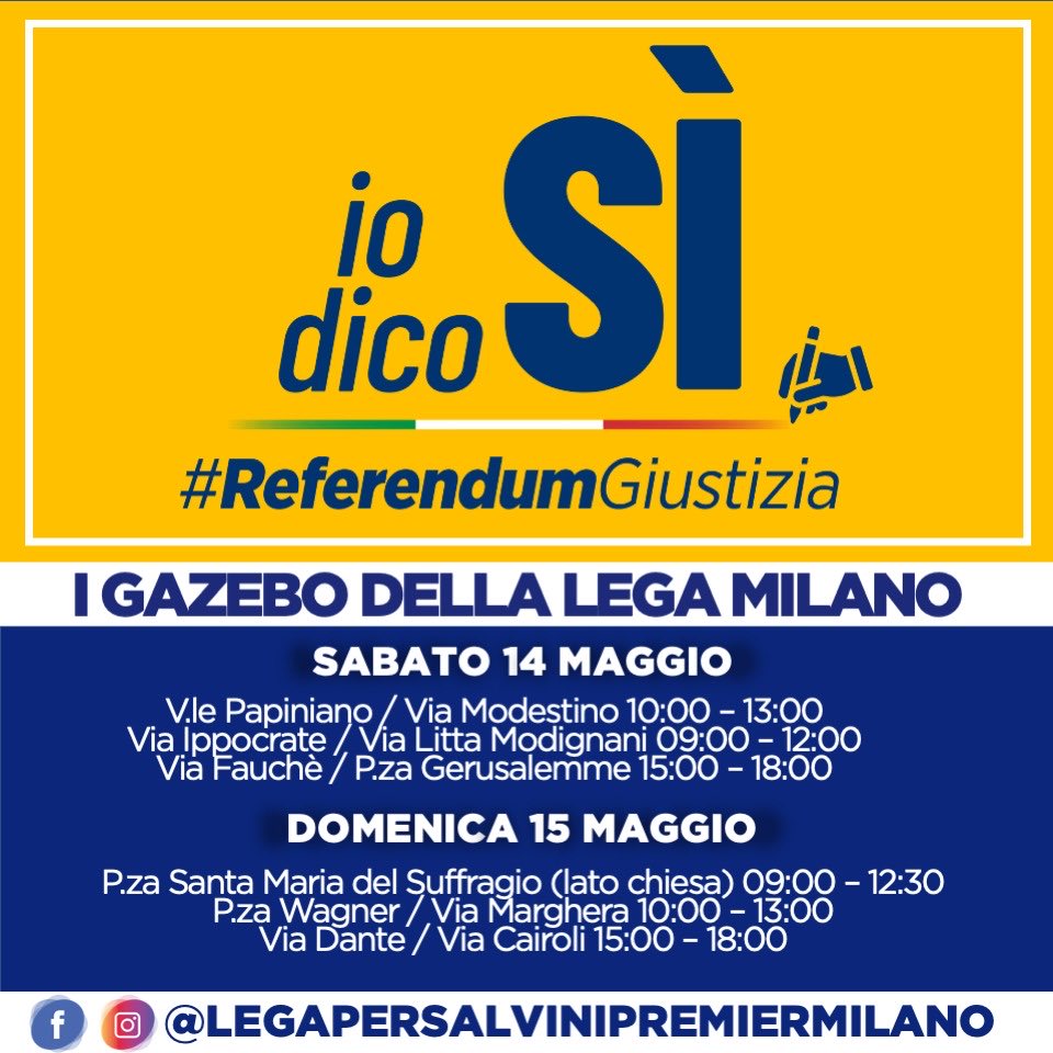 LegaMilano's tweet photo. #gazebo #Milano #IodicoSì #ReferendumGiustizia #LegaperSalviniPremier 
sabato 14 Maggio 2022
domenica 15 Maggio 2022 ⁦@matteosalvinimi⁩ ⁦@iodicosi_⁩ ⁦ https://t.co/spglbqUk2R
