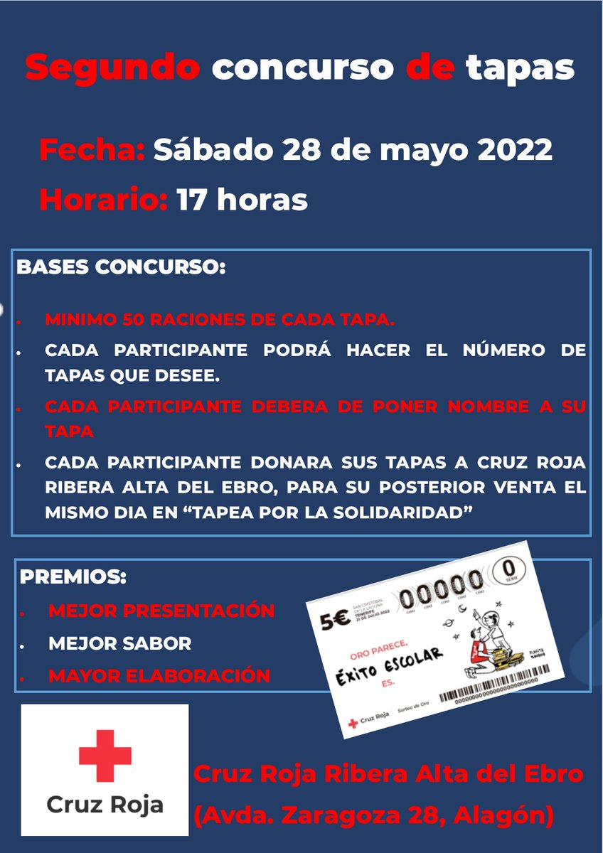 CruzRojaCRAE's tweet photo. Con la nueva edición de "Tapea por la Solidaridad", llega también el concurso de tapas en @CruzRojaCRAE 
Os dejamos cartel con las bases.
Esperamos vuelva a ser un éxito como la primera edición. 
Contamos con tu participación

#SerMejores
#riberenodigital
#cruzrojacrae
#sorteooro https://t.co/1JiZHymnIu