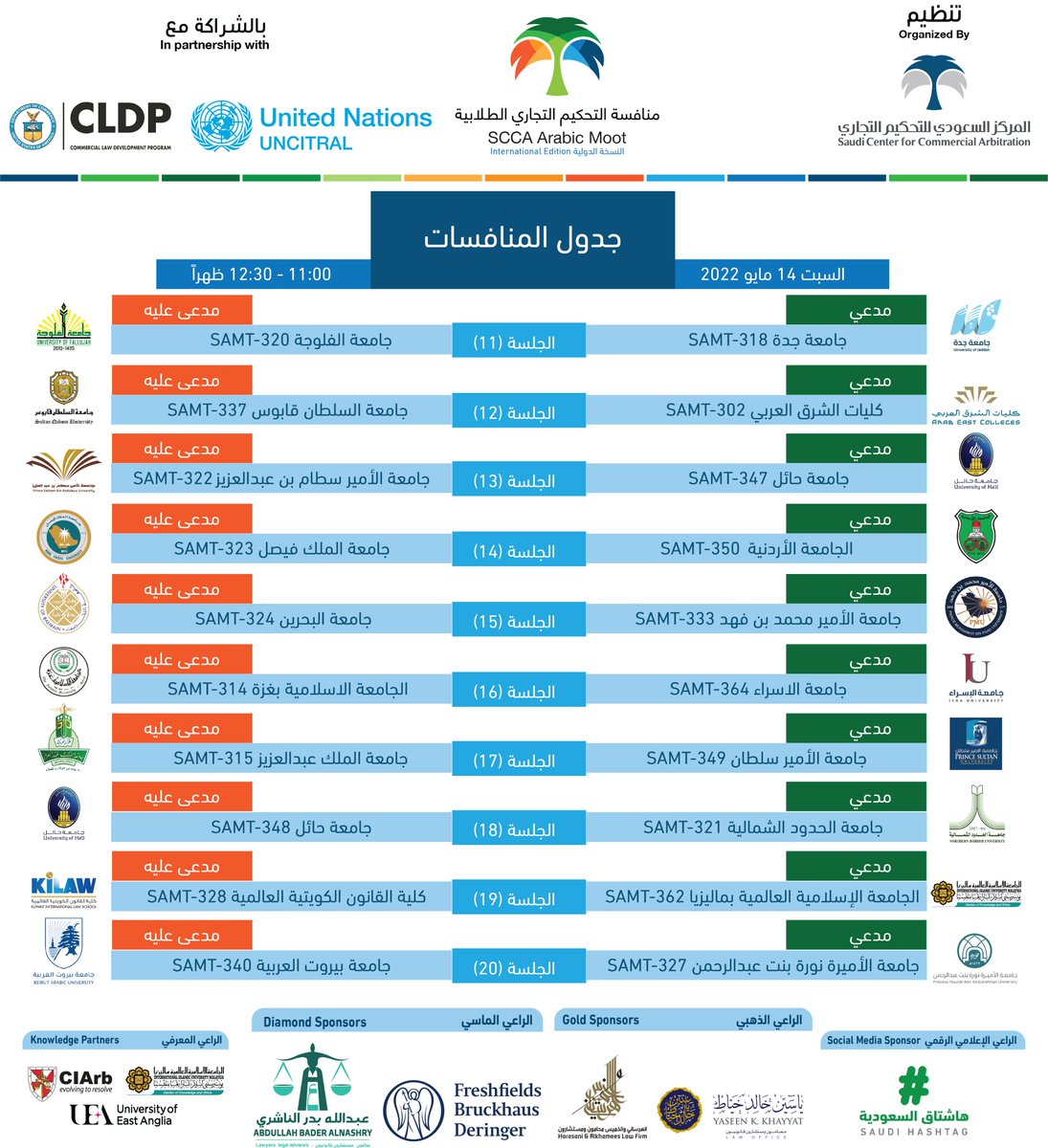 SCCAArabicMoot's tweet photo. تنطلق بعد قليل الجلسات 11-20 من جولة المرافعات الأولى لـ #منافسة_التحكيم_التجاري_الطلابية 3⃣.

تعرّف على الفرق المترافعة عن #درب_التبانة_vs_ماجلان. https://t.co/xgAYeg5duo
