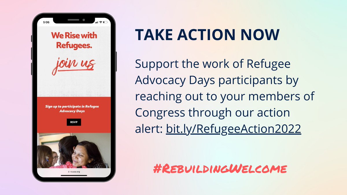 People across the United States are coming together this week to talk to their members of Congress about #RebuildingWelcome! Join the celebration by tweeting your member of Congress about why YOU support welcoming displaced people. #RCUSAAdvocacyDays