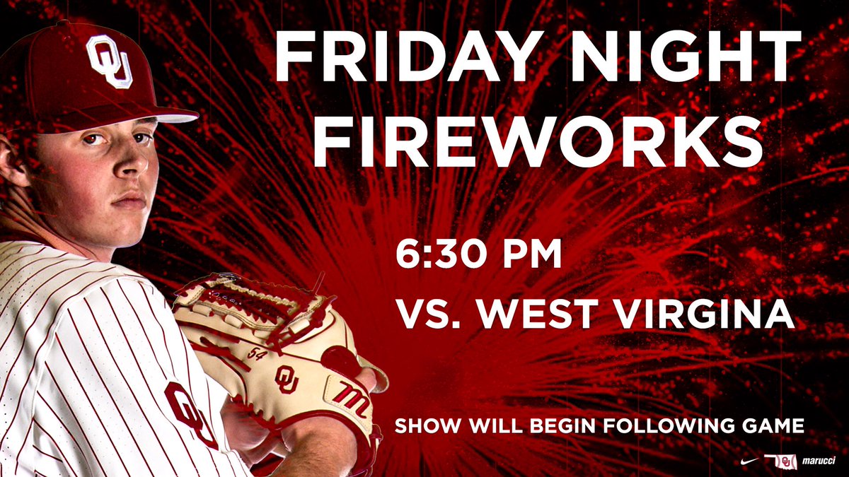 OU_Baseball's tweet photo. Stick around after the game tonight for postgame fireworks! 🎆

🆚 West Virginia
🕡 6:30 p.m.
🏟 L. Dale Mitchell Park
🎟 https://t.co/VCF83a7DyU
⚾️ #GoMitchGo 

#Sooners | #COMPETE https://t.co/cgsw3kXF3x