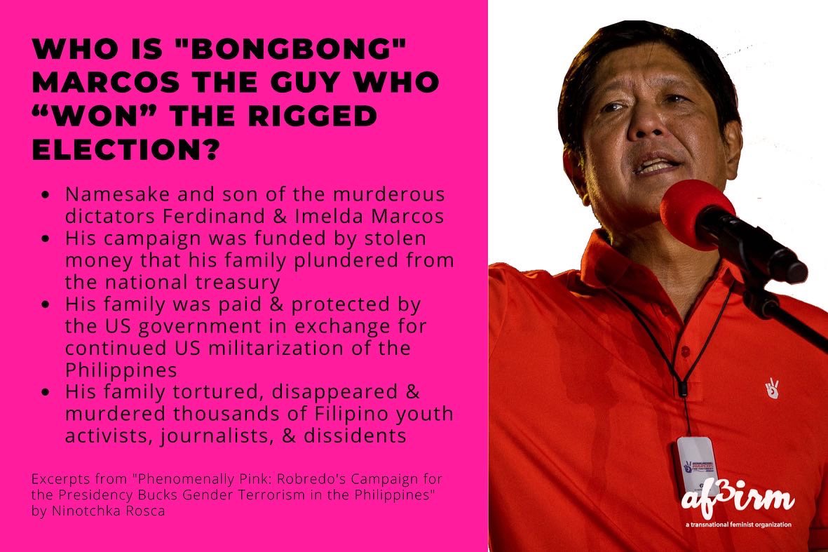 AF3IRM's tweet photo. A transnational feminist analysis of the #Philippines Election 

#AF3IRM #TransnationalFeminism

Excerpts from "Phenomenally Pink: Robredo’s Campaign for the Presidency Bucks Gender Terrorism in the Philippines" by Ninotchka Rosca

https://t.co/JtUU5S8Dox https://t.co/udwETZR5mT