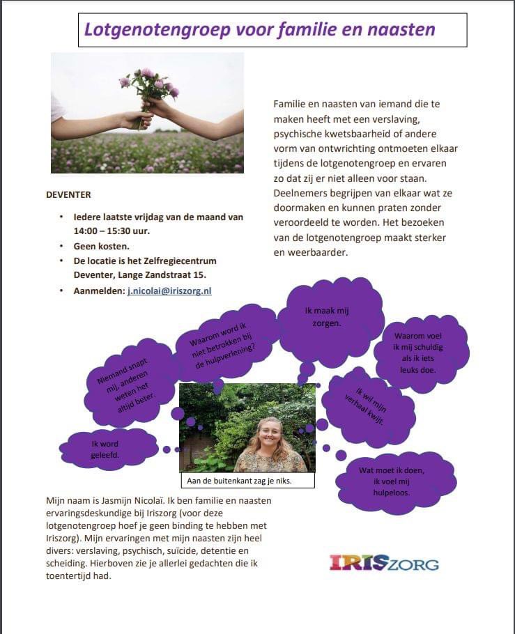 🔵 NIEUW! Vanuit Herstel Netwerk Deventer (<a href="/Dimence/">Dimence</a> @IrisZorg <a href="/Vriendendienste/">Vriendendiensten</a> @ribw_overijssel <a href="/TweetTactus/">Tactus Verslaving</a>):
Lotgenotengroep voor familie en naasten: elke laatste vrijdag van de maand van 14.00 - 15.30 uur bij Zelfregiecentrum Deventer. 
Meer info 👇🏼