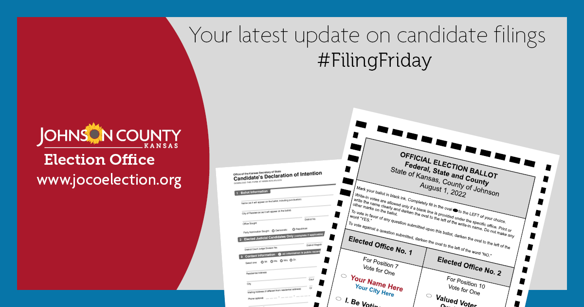jocoelection's tweet photo. Updated edition of #FilingFriday: Two (2) filing deadlines for the 2022 elections.
Wednesday, June 1st at noon for most contest races.
Due to delays with redistricting the KS House, KS Senate, KS Board of Edu, & U.S. Congress races now have filing deadline of Fri, June 10th. https://t.co/QJuAVJ7PRZ