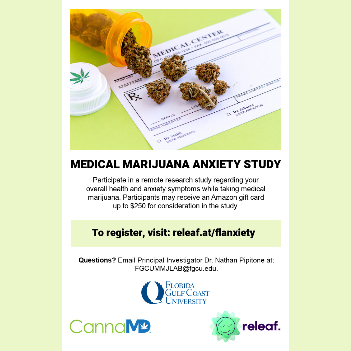 MyCannaMD's tweet image. Research announcement! Excited to share CannaMD is leading a 45-day research study with @FGCU &amp;amp; @releafapp 🎉The study will track patient-reported experiences while medicating with #mmj for #anxiety. See if you are eligible &amp;amp; how to enroll at releaf.at/flanxiety 🌿