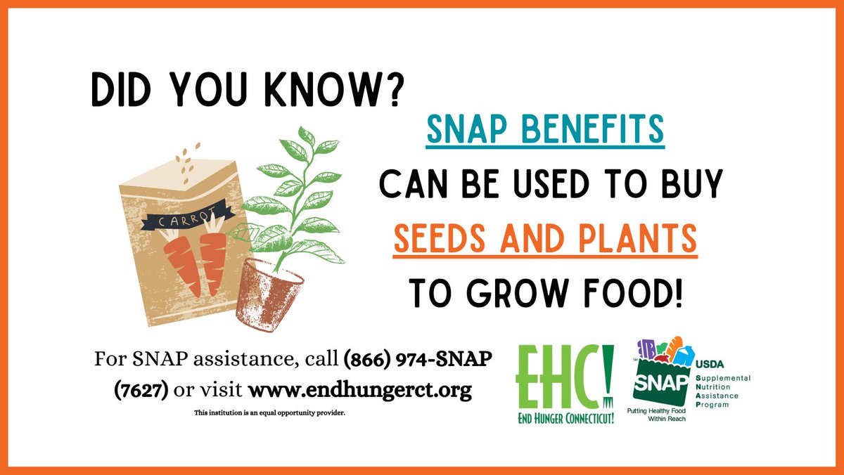 EndHungerCT's tweet photo. A friendly reminder for #SNAP households on this beautiful day, and just in time for #growingseason! ☀️🌱
#endhungerct #foodforall #hungerfreect #growyourown #gardening #eatlocal #ctgrown #connecticut https://t.co/QIXUHBtC1o