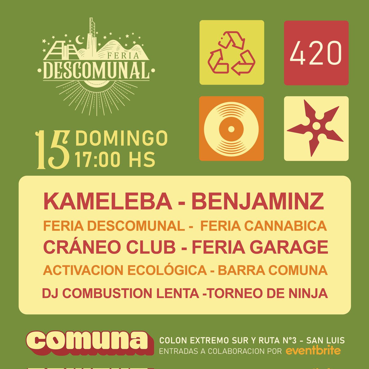 ComunaClub's tweet photo. DOMINGO - 17HS
Feria Descomunal 💐 presenta: @KamelebaOficial x #Benjaminz
DJ SET:
#CombustionLenta ✨️
🌱 Activación Ecologica x #VestimeDeVerde
🍁 Feria Cannabica x #RastaPaz
🧥 Feria Garage
🎨 Mesa de Dibujo by #CraneoClub
🥷🏼Torneo de Ninja
Entrada a colaboración https://t.co/wkNMvMGTCK