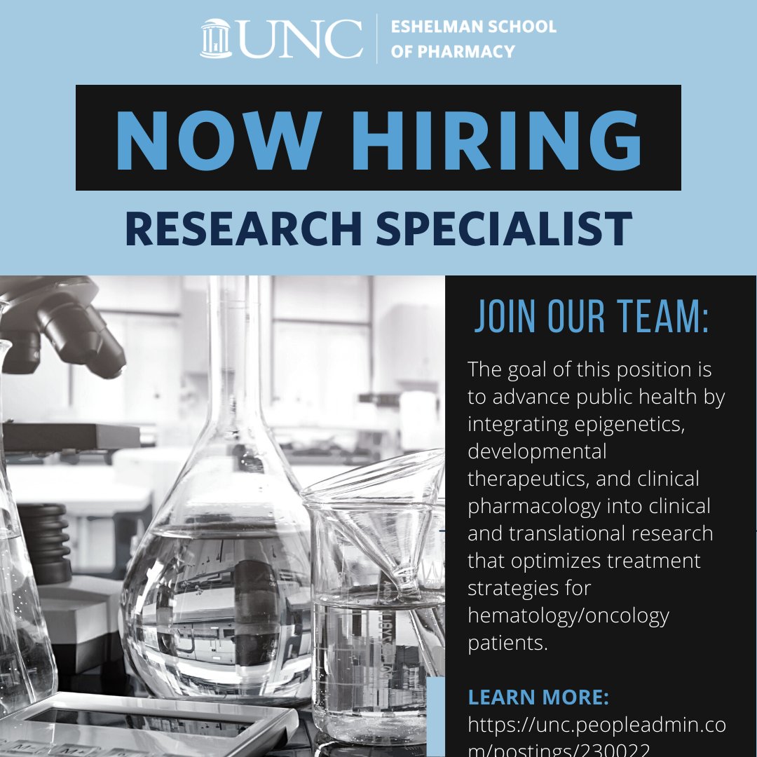 DPET@UNC Pharmacy (@unc_dpet) on Twitter photo Please share this job opportunity! <a href="/TheCronaLabUNC/">The Crona Lab</a> lab is looking for a research specialist. Candidates with a BA or BS in biology, pharmacology, or biochemistry and an interest in oncology research are encouraged to apply. Click the link to learn more: lnkd.in/eXEh-V7j Please share this job opportunity! <a href="/TheCronaLabUNC/">The Crona Lab</a> lab is looking for a research specialist. Candidates with a BA or BS in biology, pharmacology, or biochemistry and an interest in oncology research are encouraged to apply. Click the link to learn more: lnkd.in/eXEh-V7j