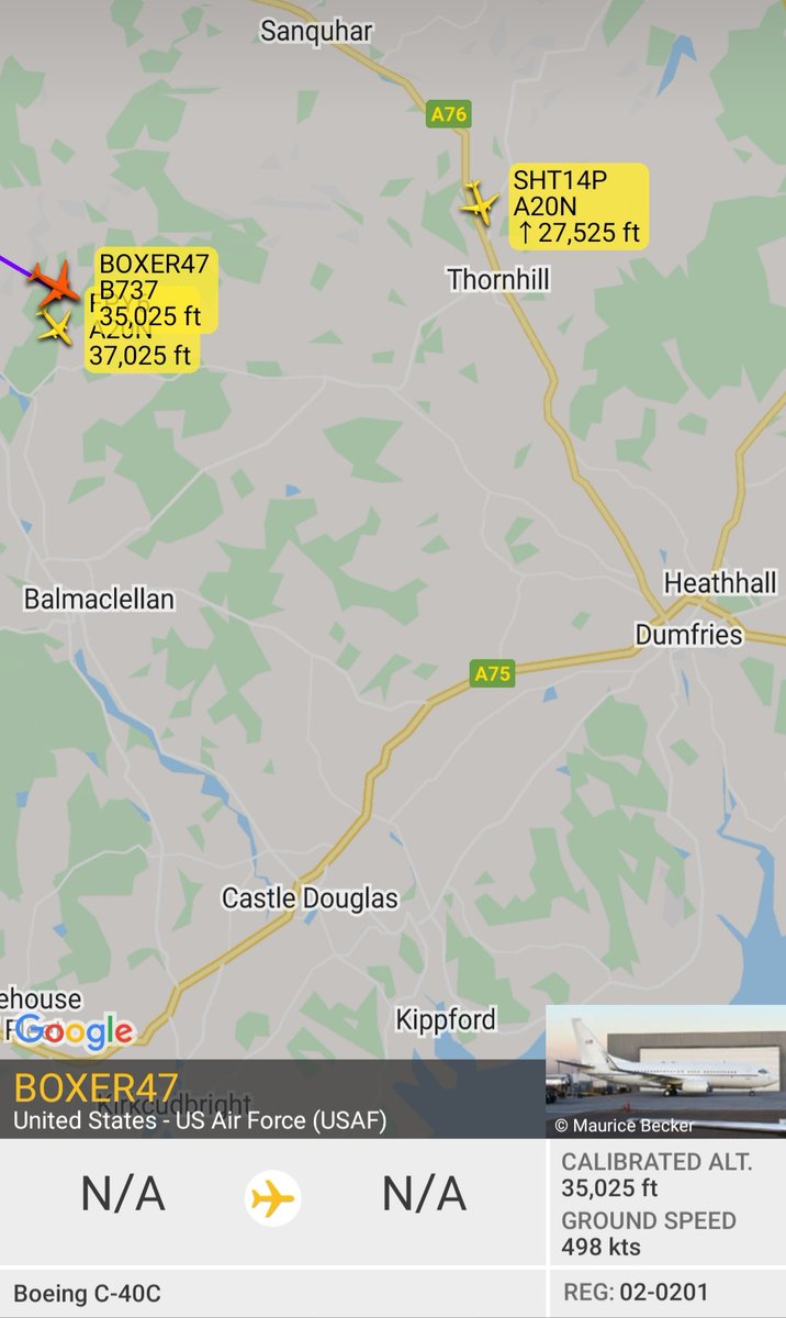 BloodyPolitics's tweet photo. 🇺🇸 USAF Boeing C-40C #BOXER47 reg 02-0201 flying over the top of Scotland. 👋
#avgeek
https://t.co/e6oIoDMXIi https://t.co/57Me1kHRP1