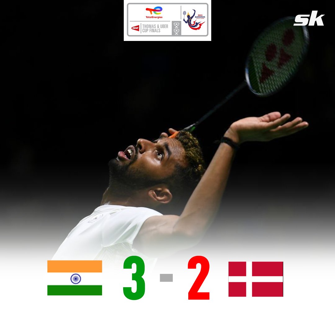 Sportskeeda's tweet photo. India do the unthinkable! HS Prannoy battles injury to script history alongside Kidambi Srikanth, Chirag Shetty and Satwiksairaj Rankireddy to advance to the Thomas Cup Final for the first time ever. 🇮🇳🇮🇳🔥🔥

#IndianSports #Badminton 🏸 https://t.co/UXtem4g24l