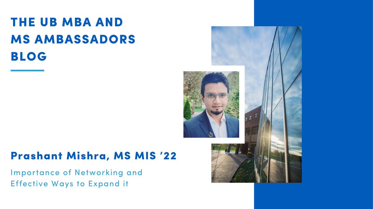 UBMBAandMS's tweet photo. Dive into the power of networking with current MS MIS student Prashant Mishra, MS ‘22, while exploring tips to expand your professional connections. Click here for the ambassador’s blog:
https://t.co/Riu91w4a95
#Networking #MSMIS #UBMgt https://t.co/wlE81bPoUe