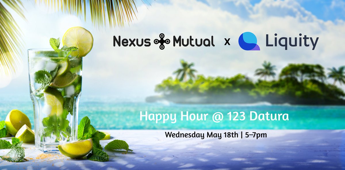 Join Nexus Mutual and Liquity for a Happy Hour at 123 Datura in Palm Beach, FL 🍹
🗓️ Weds (May 18)
⏰ 5-7pm EST

Come for the cocktails, stay for the conversation and connect with builders / professionals working in DeFi during Permissionless.
eventbrite.com/e/nexus-mutual…