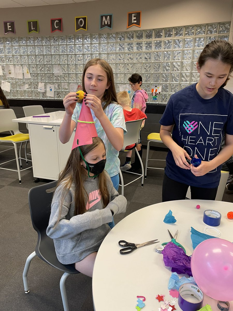 Library_ACMS's tweet image. A little celebration calls for party hats! The Science Exploration group had their last makerspace day this afternoon. I love this group’s creativity! 🥳