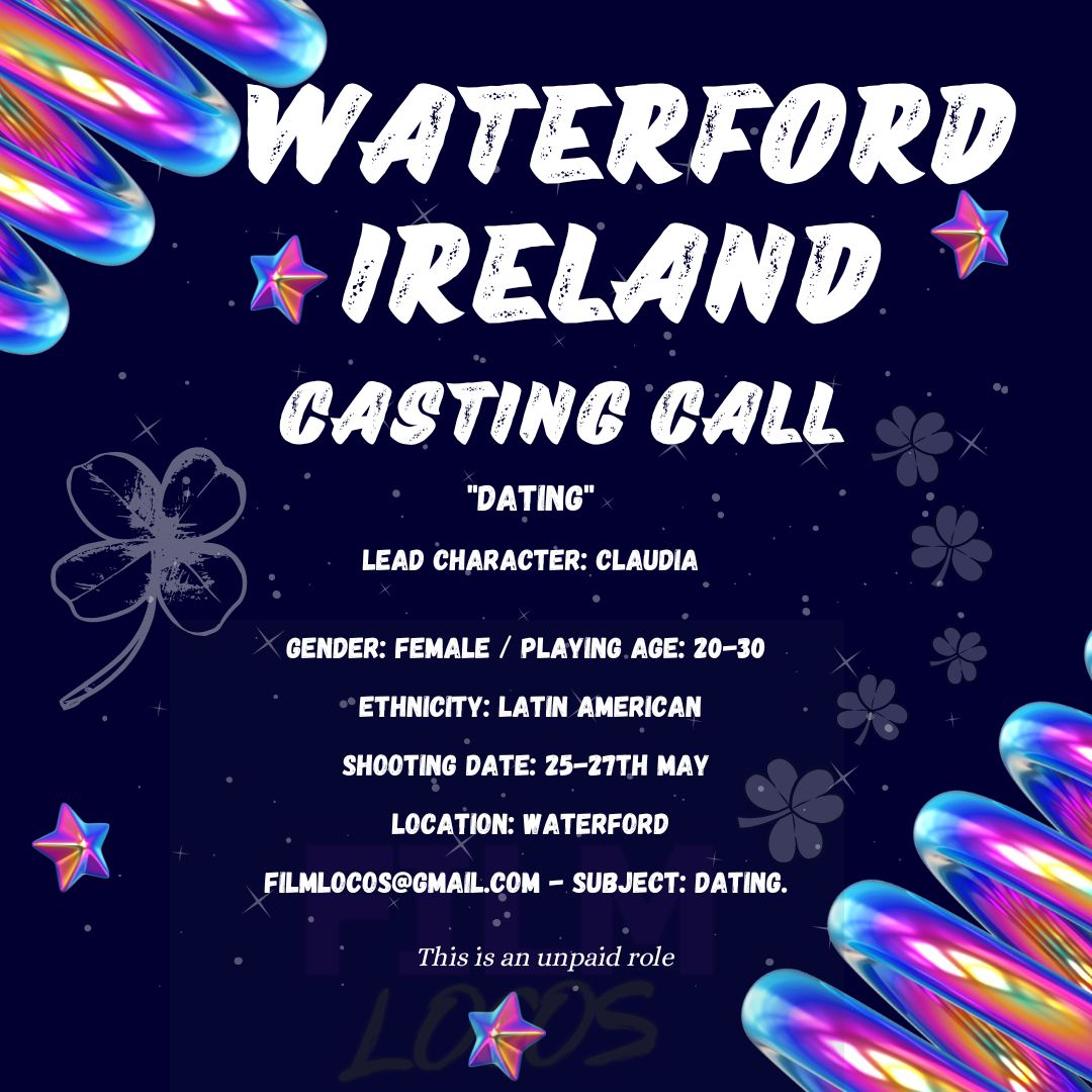 filmlocos's tweet photo. Hello Ireland! Casting call!
Claudia -Latin American -20-30s Michael Any appereance 20-30/ Boy next door Any appereance  20-30 Expenses paid. filmlocos@gmail.com #waterford #castingcall #dublin #dublinactor https://t.co/szSCrvVJfX