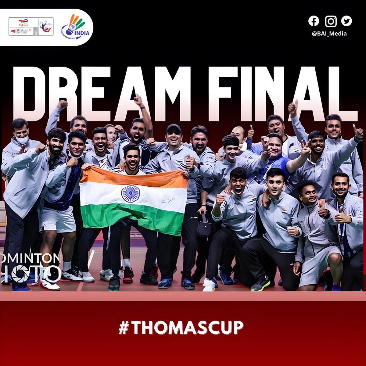 Media_SAI's tweet photo. Another HISTORIC WIN for #TeamIndia 🇮🇳

Our BOYS 🏸🏸 have done it again 🔥🔥🔥 re-writing history as they become the 1️⃣st-ever Indian Team to advance to the FINALS of #ThomasCup 🏆

Keep it coming guys 😎😎💪💪
Superb Effort!!
#TUC2022 https://t.co/fbOZqvFyVz