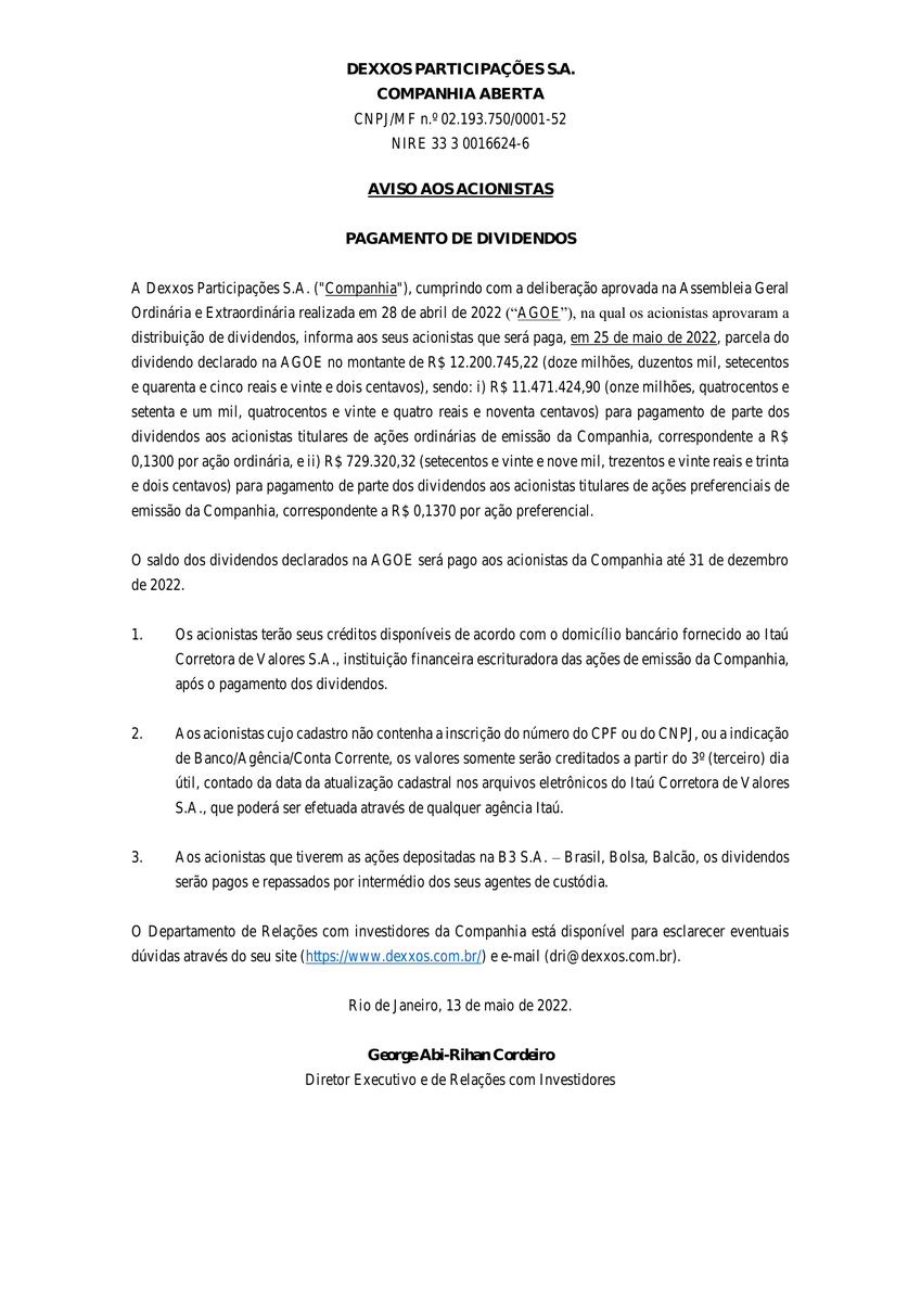 CalixtoCapital's tweet photo. #DEXP | Aviso aos Acionistas | 13/05/2022 às 14:29 | Link: https://t.co/QWrYDByfNq https://t.co/yWCwfrRiLr