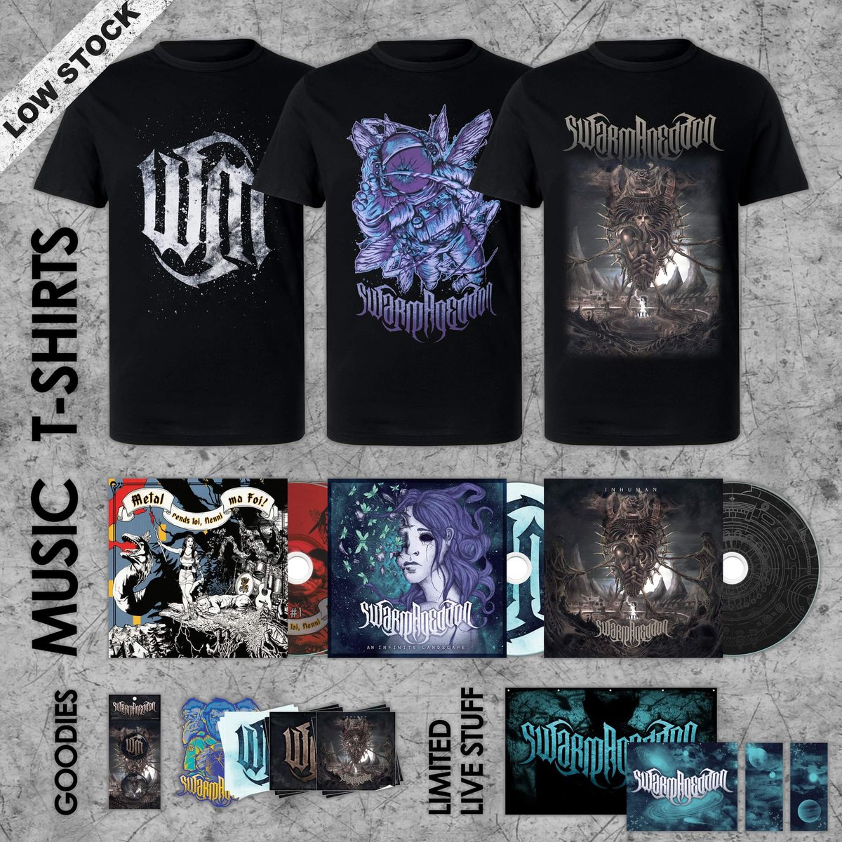 SWARMAGEDDON1's tweet photo. ⚠️ MERCH ALERT - LOW STOCK⚠️Following our last stage performances, we are running low on several merch items and shirts sizes ! 
Hurry up, they won't be reprinted !
Online merch store : https://t.co/0HWp2xylZS https://t.co/2bgpBeW3VS