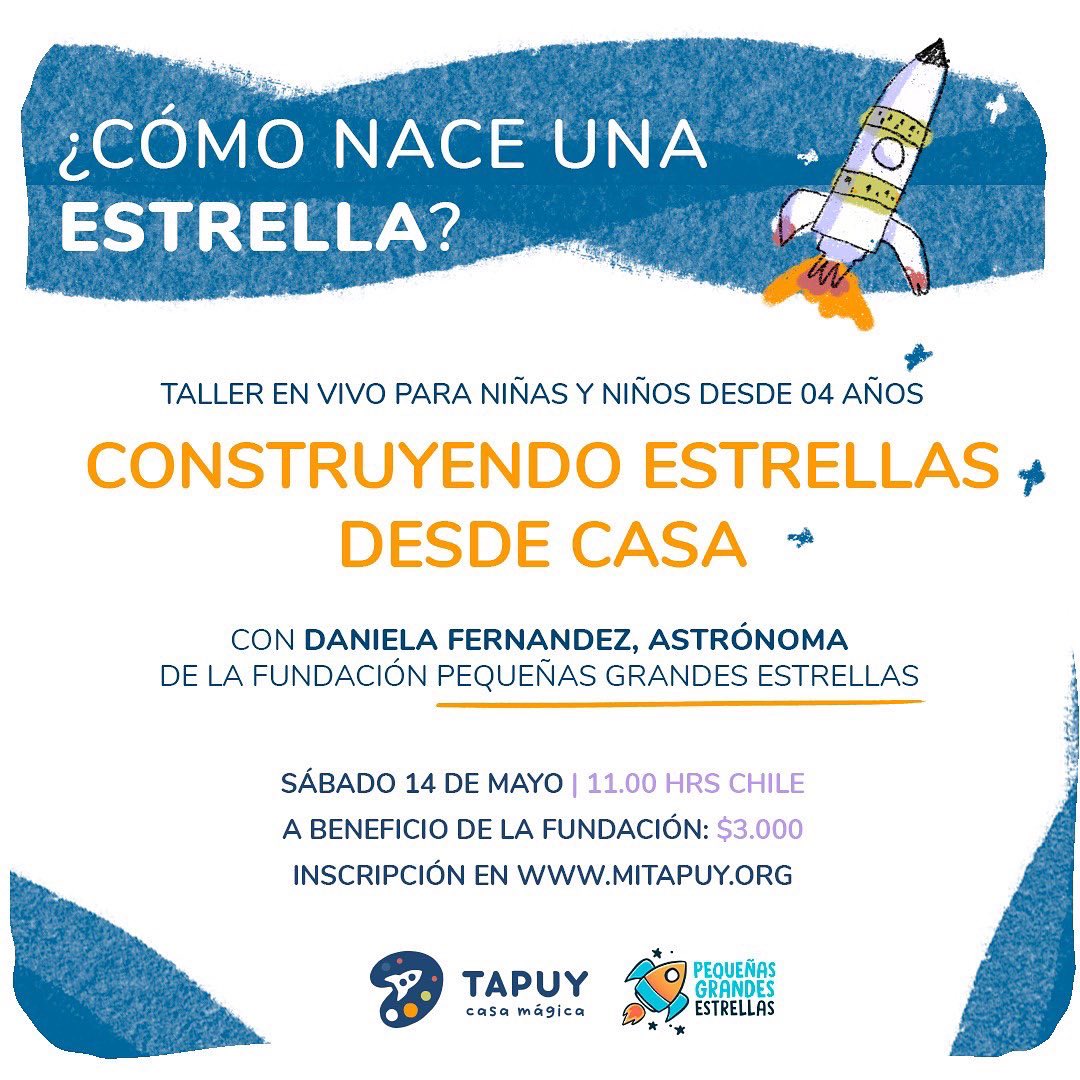 astrodaniela_'s tweet photo. Mañana Sábado 15 a las 11:00 hrs estaré realizando el taller “Construyendo estrellas desde casa” de Tapuy en beneficio de mi fundación @fundacionpge 🦊✨

Inscripciones en 👉🏼https://t.co/ckQ03GMk7T

Agradecida si pueden compartirlo para que lleguemos a más niñes 🤍 https://t.co/UPMGcFMN5x