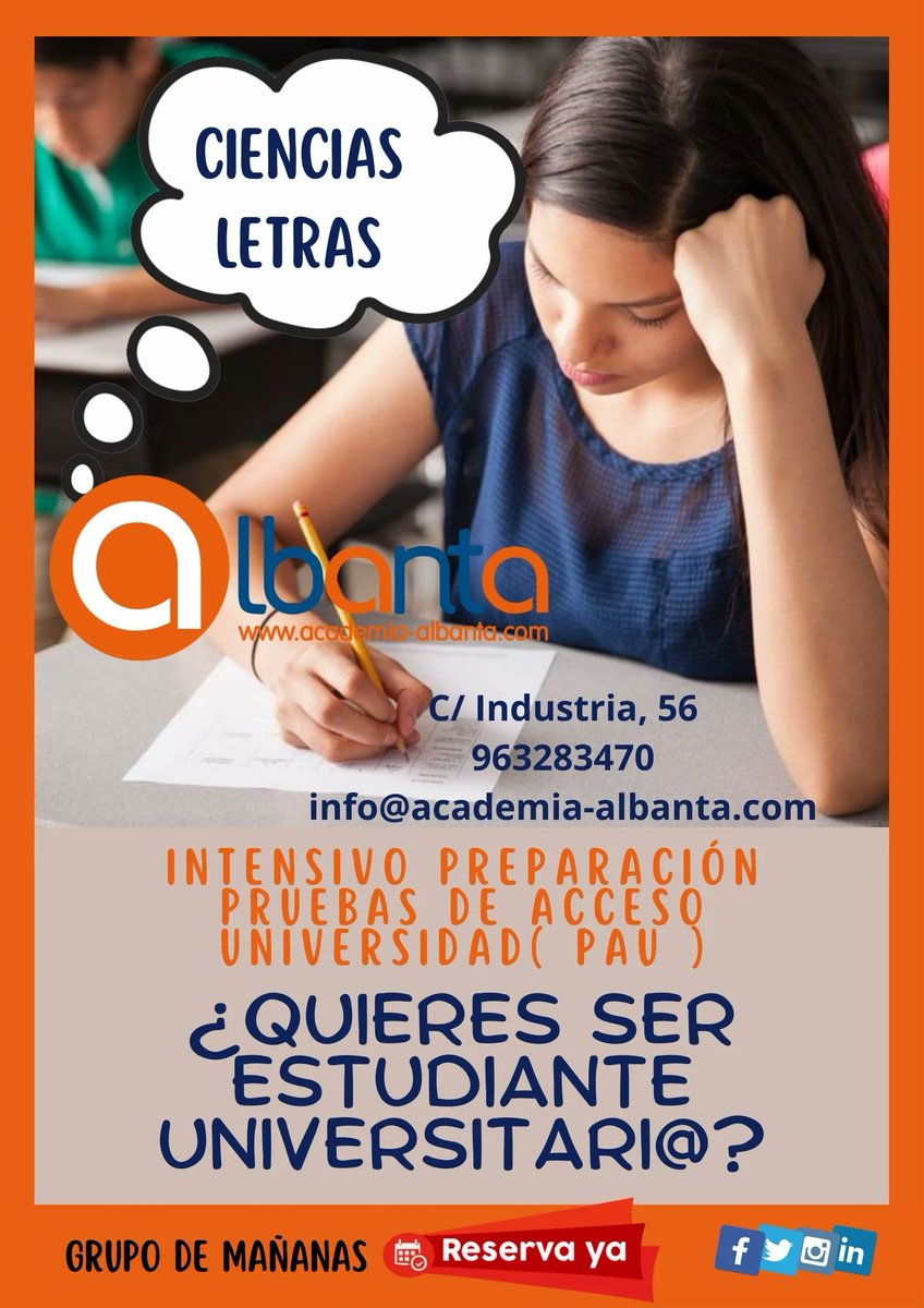AcademiaAlbanta's tweet photo. 📝 Útimos días para apuntarse al CURSO INTENSIVO PREPARACIÓN PAU
INICIO: 23 de mayo
FIN: 6 de junio
⌛️ Date prisa ya que las plazas van a ser limitadas.
👇Si necesitas más información pregúntanos👇
https://t.co/zG3ZOFUXdb
#cursoIntensivoPAU #CursoPreparacion PAU
¡A por todas!򣀀 https://t.co/vgpbCXc06Y