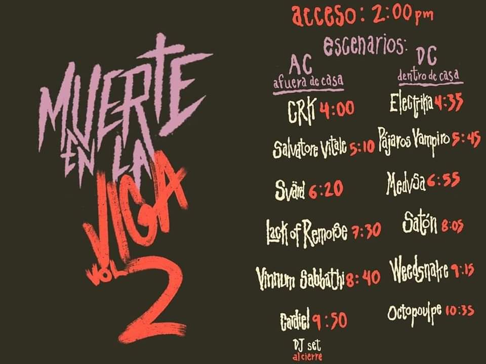 Mañana es el festival "Muerte en la Viga", con <a href="/cardieltheband/">CARDIEL</a>, <a href="/VinnumSabbathi1/">Vinnum Sabbathi</a>, <a href="/LackOfRemorse/">Lack of Remorse</a>, <a href="/PajarosVampiro/">Pájaros Vampiro</a>, <a href="/Salvavo/">Salvatore Vitale</a>, Octopoulpe y más
Boletos en: wegow.com/es-mx/conciert…