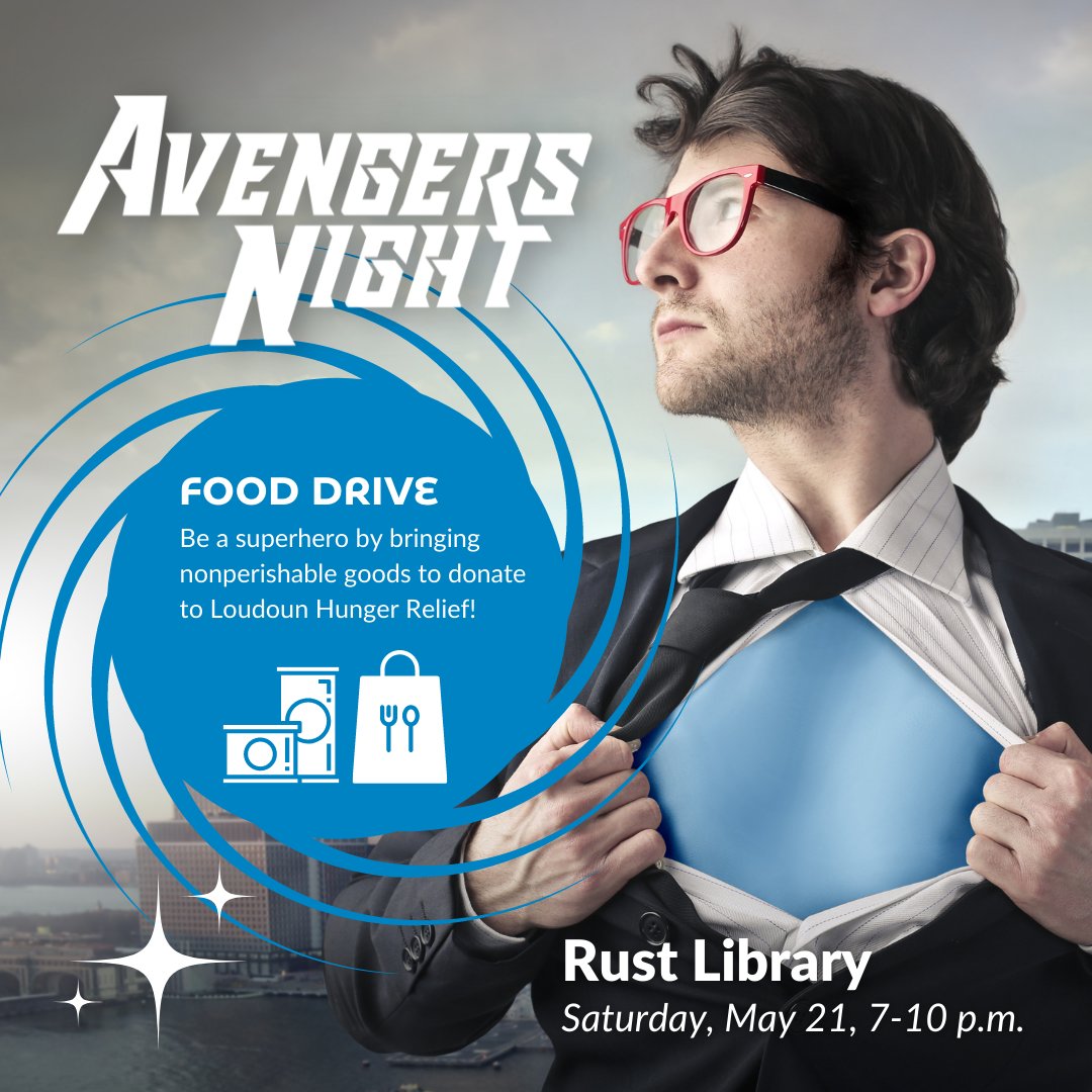 LoudounLibrary's tweet image. Here's a chance to be a hero for our friends and neighbors! 🦸
We’ll be collecting nonperishable items for @LoudounHunger during Avengers Night at #RustLibrary next weekend. Everyone who donates to the local food pantry will have a chance to win some Marvel-ous collectables!
