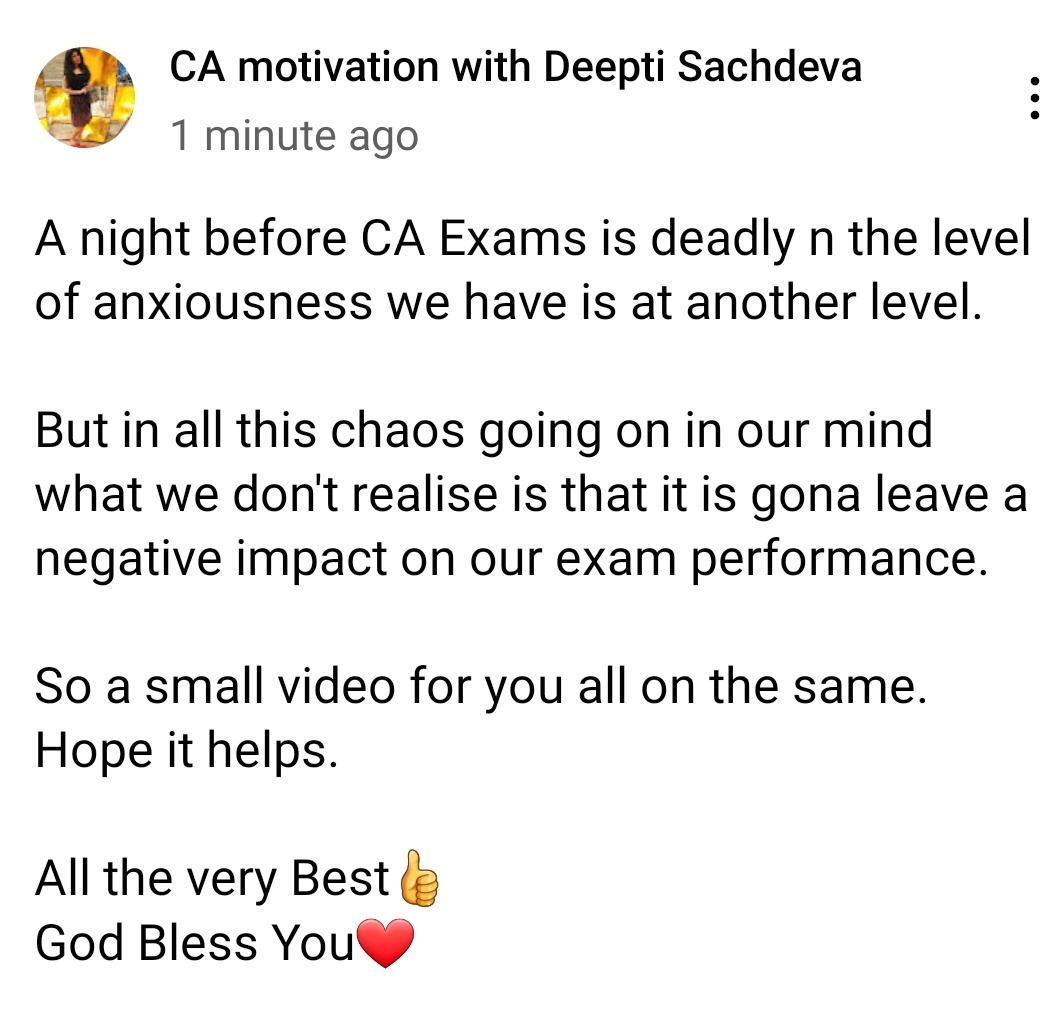 ca_dsachdeva's tweet photo. https://t.co/yh2NAu3D1B

#caexams #castudents #cawarriors #anightbeforeexam #examanxiety #cafinal #cainter #cafoundation #exampressure #selfconfidence https://t.co/vjoGDUiXuE