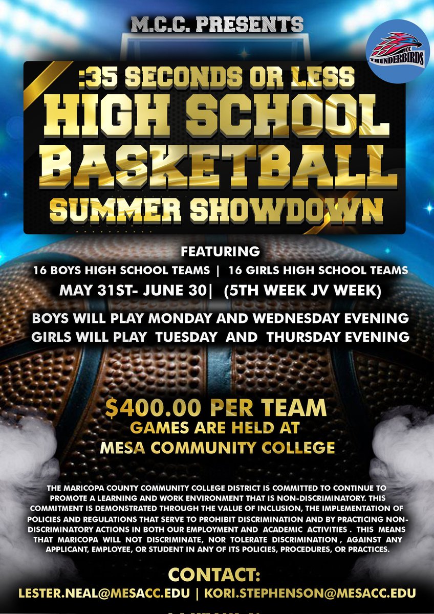 Coach Lester Neal (@lesterballer) on Twitter photo Great location at MCC :35 shot clock. Boys & Girls 5 Week League. Great tune up for <a href="/Section7Az/">Section 7</a> spots still available <a href="/HamiltonHoops/">Hamilton Girls Hoops</a> <a href="/PinnacleGirlsBB/">PinnacleGirlsBB</a> <a href="/AzPrepsGirlzHo1/">AzPrepsGirlzHoops</a> <a href="/MesaBballGirls/">MesaHighGirlsbball</a> <a href="/GilbertGirlsBB/">Gilbert Girls’ Basketball</a> @MHSLadyBBall <a href="/VVHSgbb/">Valley Vista Girl’s Basketball</a> <a href="/PerryPumaWBB/">Perry High WBB</a> <a href="/XavierPrepWBB/">Xavier Prep Basketball</a> <a href="/PGHArizona/">Prep Girls Hoops Arizona</a> <a href="/CoachKori/">Kori Stephenson</a> Great location at MCC :35 shot clock. Boys & Girls 5 Week League. Great tune up for <a href="/Section7Az/">Section 7</a> spots still available <a href="/HamiltonHoops/">Hamilton Girls Hoops</a> <a href="/PinnacleGirlsBB/">PinnacleGirlsBB</a> <a href="/AzPrepsGirlzHo1/">AzPrepsGirlzHoops</a> <a href="/MesaBballGirls/">MesaHighGirlsbball</a> <a href="/GilbertGirlsBB/">Gilbert Girls’ Basketball</a> @MHSLadyBBall <a href="/VVHSgbb/">Valley Vista Girl’s Basketball</a> <a href="/PerryPumaWBB/">Perry High WBB</a> <a href="/XavierPrepWBB/">Xavier Prep Basketball</a> <a href="/PGHArizona/">Prep Girls Hoops Arizona</a> <a href="/CoachKori/">Kori Stephenson</a>