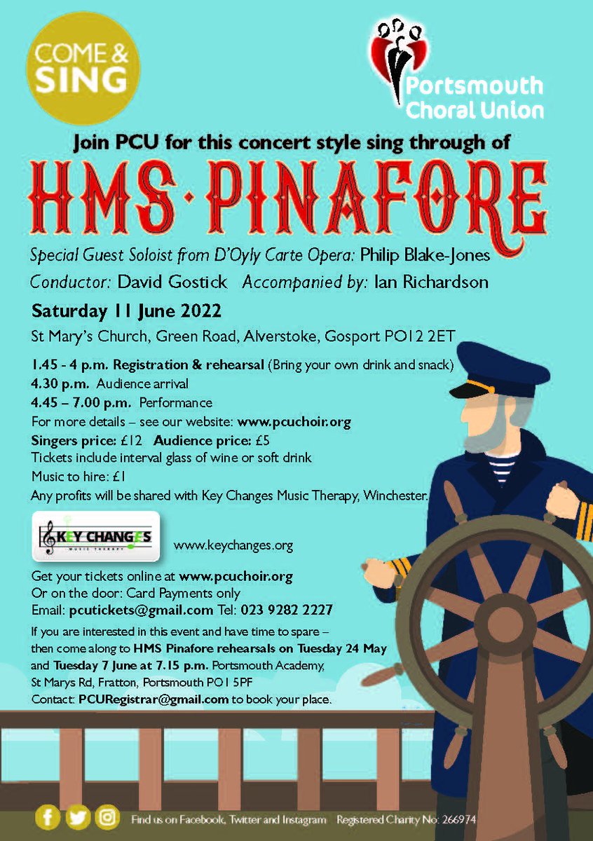 key_changes's tweet image. We are thrilled to have been selected by Portsmouth Choral Union as their charity for Come &amp;amp; Sing HMS Pinafore!!! 
Sign up to sing the fun workshop day on Saturday 11th June, bringing this G &amp;amp; S classic to life, while supporting our music therapy work!
#keychanges #musictherapy