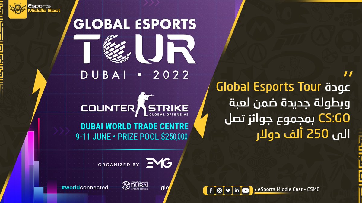 ESME's tweet photo. بعد نجاح نسخة العام الماضي عودة @GE_Federation / #GET بتنظيم بطولة ثانية جديدة لعام 2022 ضمن فعاليات مهرجان دبي للرياضات الإلكترونية #EMG2022 وفي منافسات لعبة #CSGO

ما بين الفتره 9 الى 11 من يونيو القادم وبمجموع جوائز تصل الى 250 ألف دولار

#ESME #Esports #الرياضات_الالكترونية https://t.co/Fsppjk4T6p