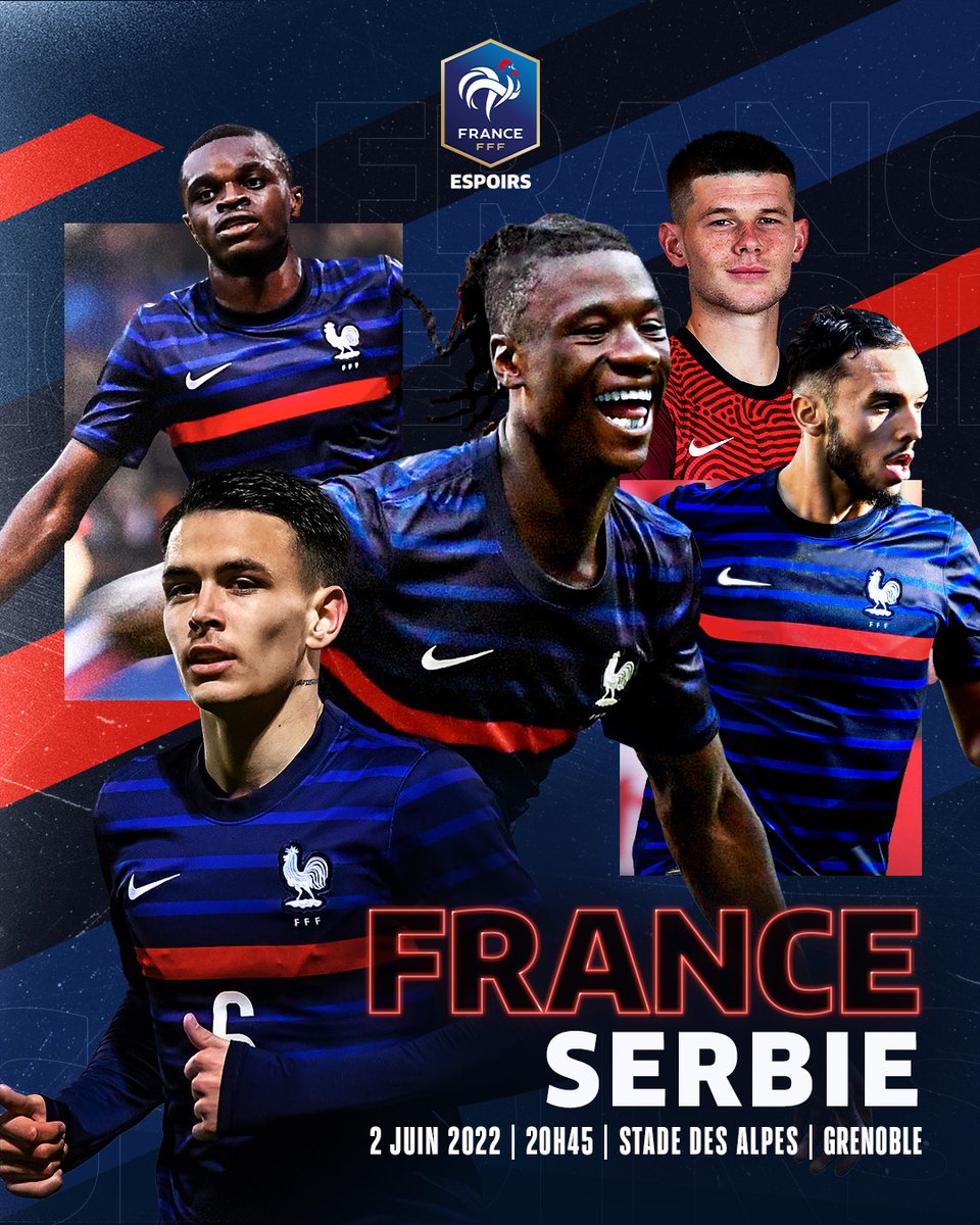 equipedefrance's tweet photo. Les Bleuets joueront à 𝙂𝙧𝙚𝙣𝙤𝙗𝙡𝙚 le 2 juin contre la Serbie un match de qualification à l'Euro U21 2023 👊

🎟 Réservez vos billets dès maintenant et profitez d'un tarif réduit ouverture 
➡️ https://t.co/YTAUjGGISA https://t.co/BHop765JNp