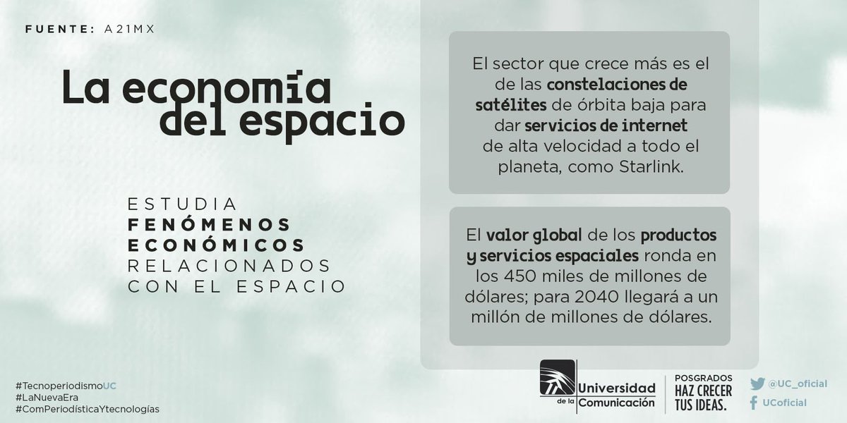 ¿Sabes qué es la economía del espacio?
En la Maestría en Comunicación periodística y sus nuevas tecnologías te contamos brevemente de qué trata. 
comunicacionperiodistica.uc.edu.mx
instagram.com/tecnoperiodism…
Correo: uc.comunicacion.tecnoloegias@gmail.com
Whatsapp:525540775794